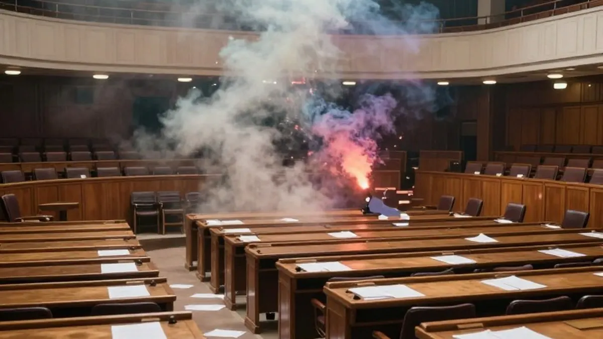 Illustration for: Albanian Opposition Lawmakers Storm Parliament With Flares and Smoke Bombs
