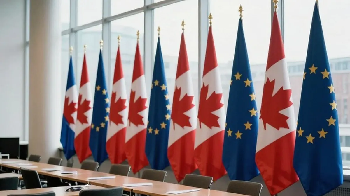 Illustration for: Canada and EU Leaders Meet in Montreal as Dispute Over "Associate Membership" Wording Looms
